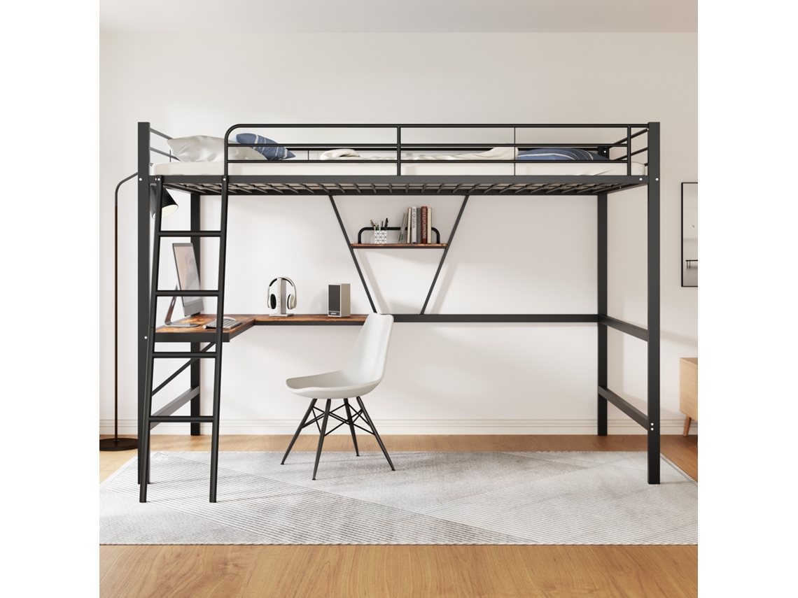 Litera Metálica 90x200 Cm Con Escritorio En L, Estante Integrado, Barandilla De Seguridad, Para Niños, Adolescentes, Adultos, Negro