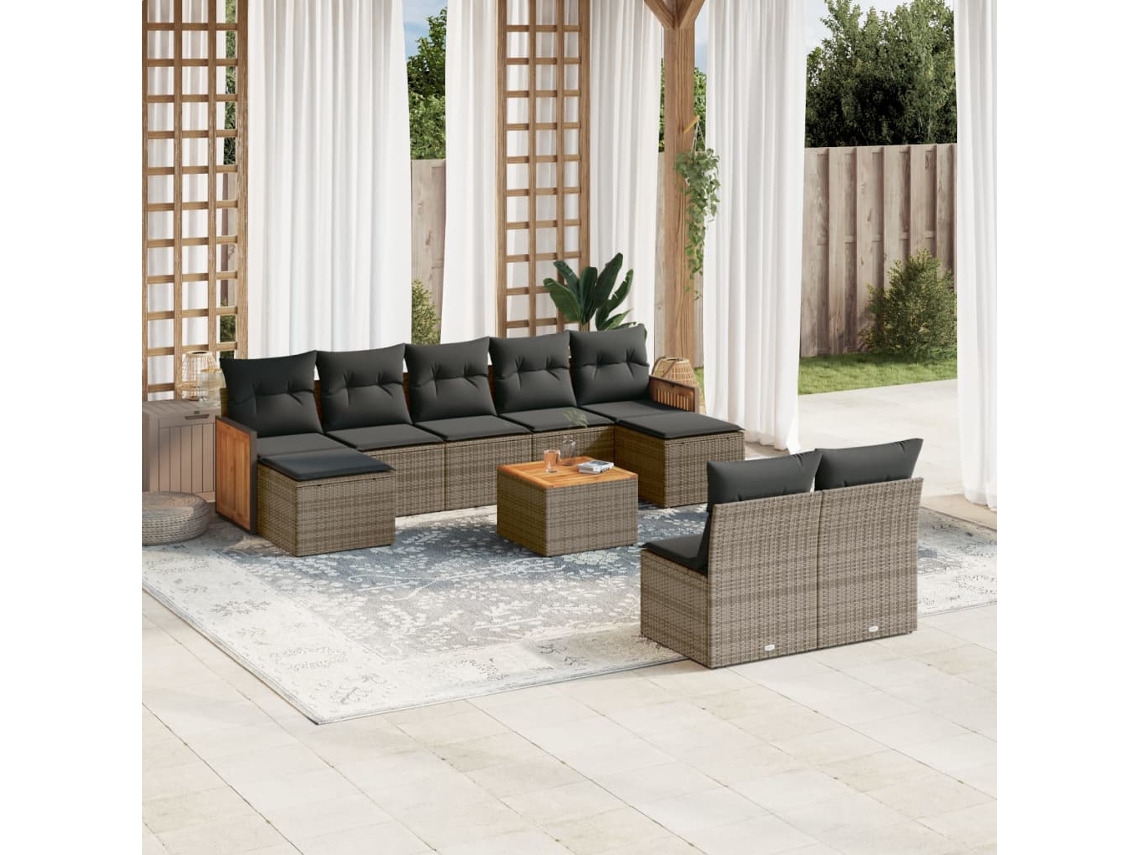 Conjunto de sofá de jardín de 10 piezas con cojines, ratán gris, DKD Home Decor