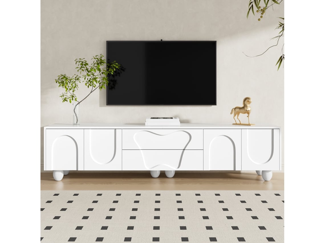 Mueble Tv, Para Tv De 65 A 85 Pulgadas, Puertas Curvas, 180x40x42 Cm, Cajones, Organizadores, Patas De Madera Maciza, Blanco