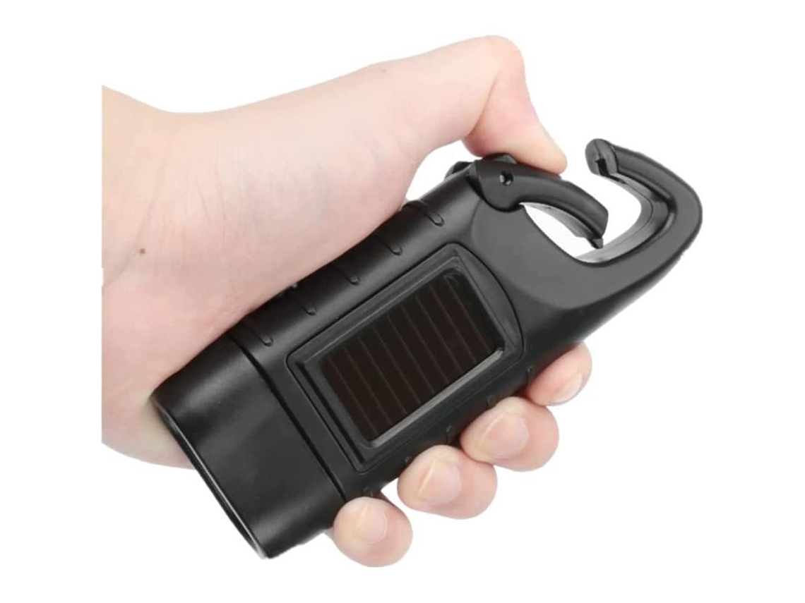 Linterna recargable con manivela y LED solar portátil con mosquetón para camping y emergencias. Color negro. Clase A++.