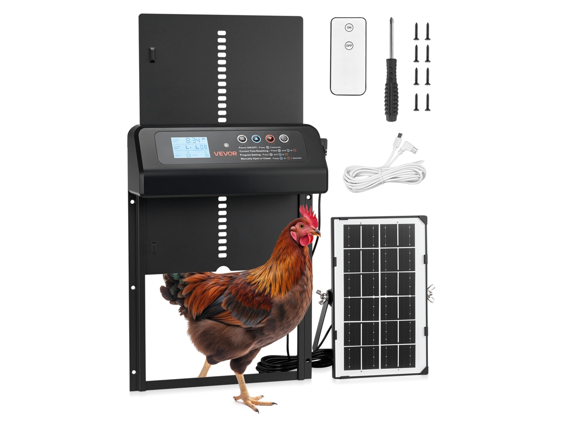 Puerta automática para gallinero VEVOR con energía solar y de batería, sistema antiatrapamiento y pantalla LCD