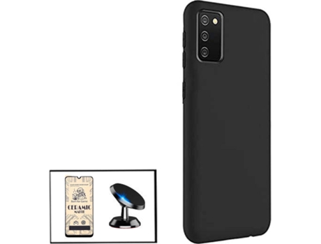 Kit Cristal Templado CeramicGlass Full Cover, Funda Silicona y Soporte Magnético de Coche Samsung Galaxy F02s PHONECARE Negro