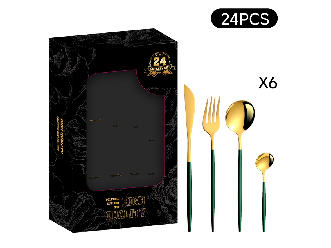 Juego de cubiertos de acero inoxidable de 24 piezas, verde y dorado, en una caja de regalo con una pequeña ventana.