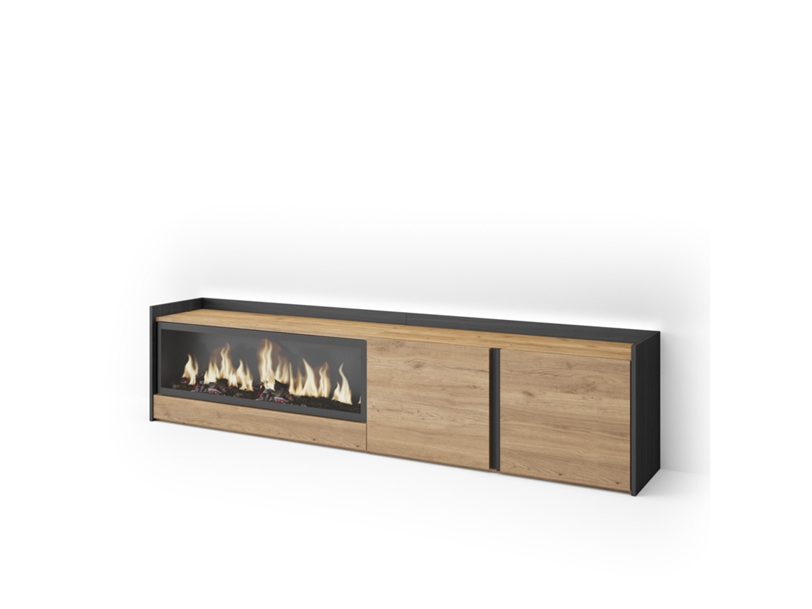 Mueble Tv, Televisión, 212x35x50cm, Para Tv Hasta 80", Chimenea Eléctrica Xxl, Led, Roble Y Negro