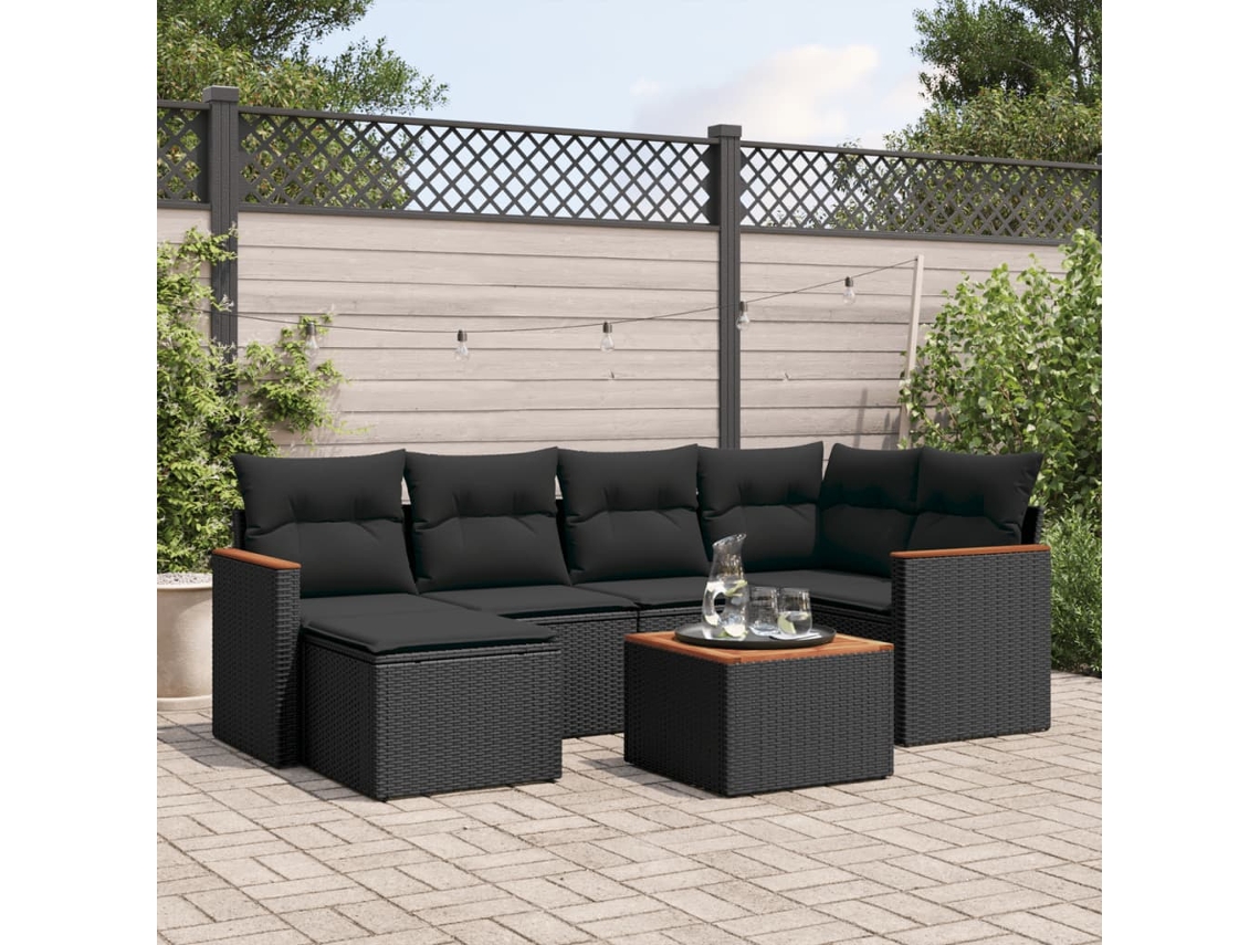 Conjunto de sofá de jardín de 7 piezas con cojines, ratán negro, Dkd Home Decor