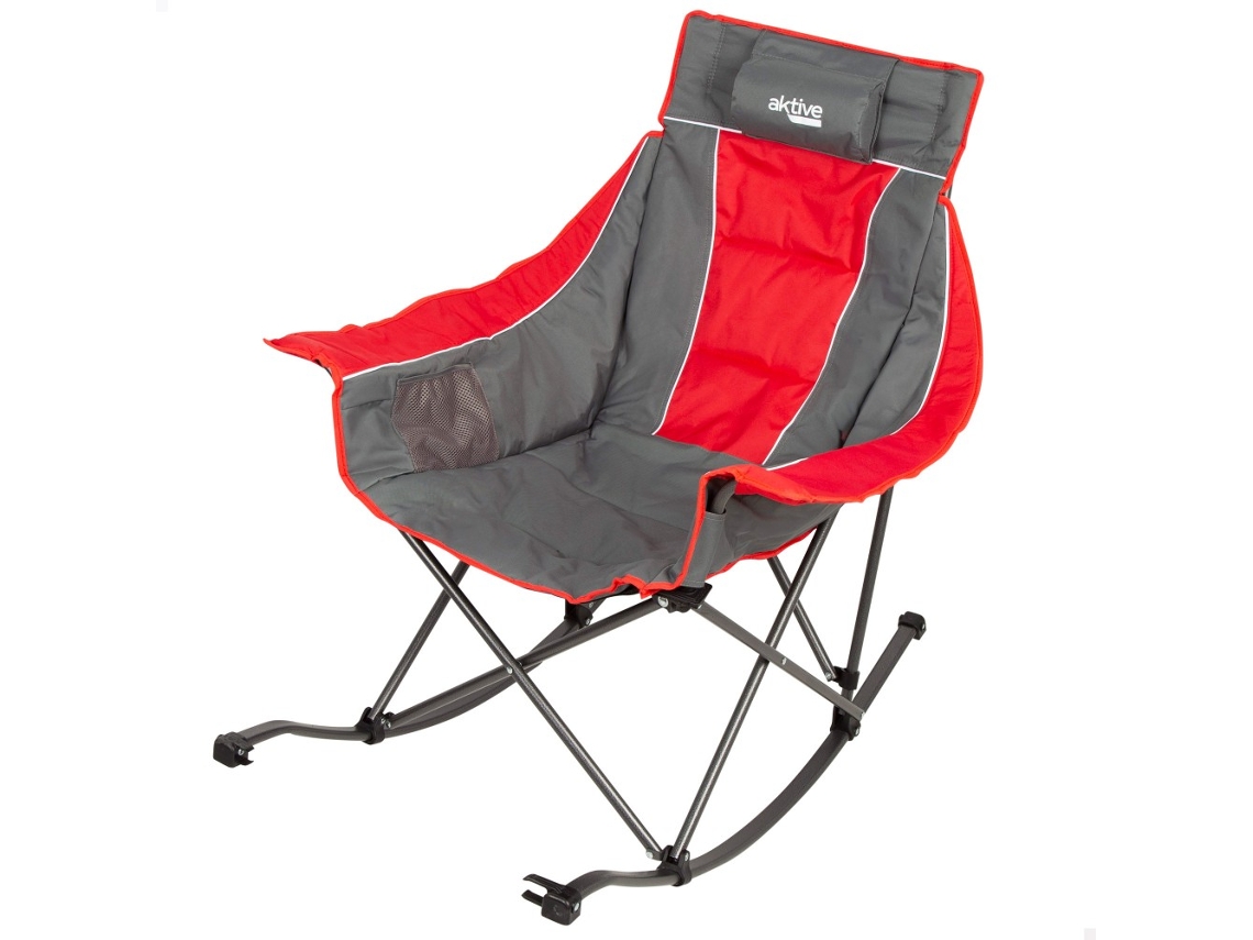 AKTIVE Silla mecedora plegable camping gris y roja c/cojín y bolsillos