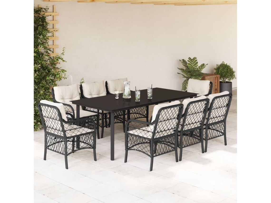 Juego de comedor de jardín de 9 piezas con cojines de mimbre negros de DKD Home Decor
