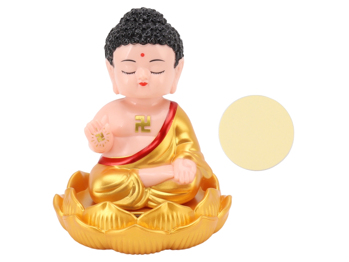 Adorno de Buda con luz solar y movimiento automático, decoración dorada para el hogar, el coche y la oficina.