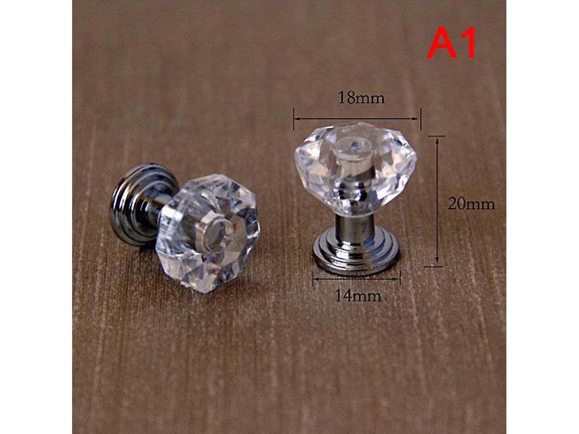 10 Manejos Cristal Acrílico Para Armarios Cajones, Base Zinc Aleación, Transparente Con Base Amarilla, Diametro 18mm Plata