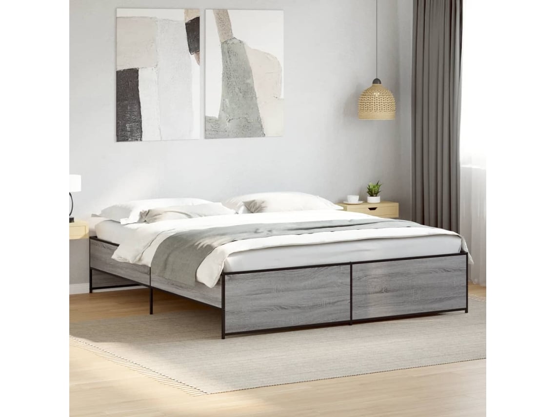 Estructura Cama Madera Ingeniería Metal Gris Sonoma 200x200 Cm