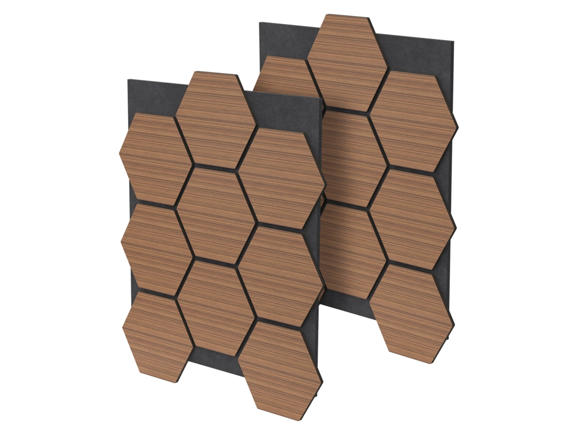 Paneles acústicos hexagonales de pared en MDF con diseño ML, color teca, 66,5 x 81 x 2 cm, 1 m²