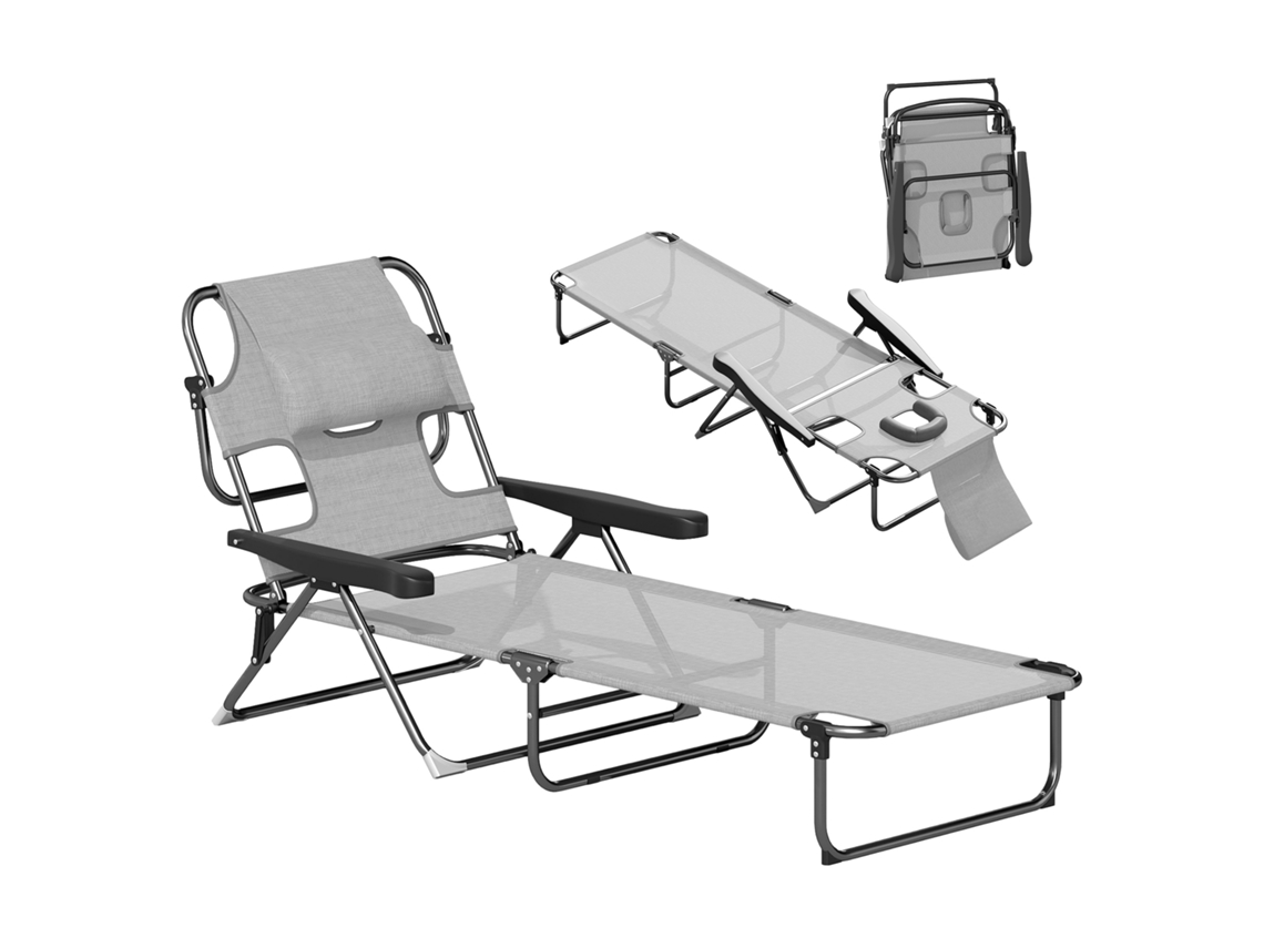 Tumbona Jardín, 4 Compartimentos, Orificio, Reposacabezas, 72x194x89cm, Gris
