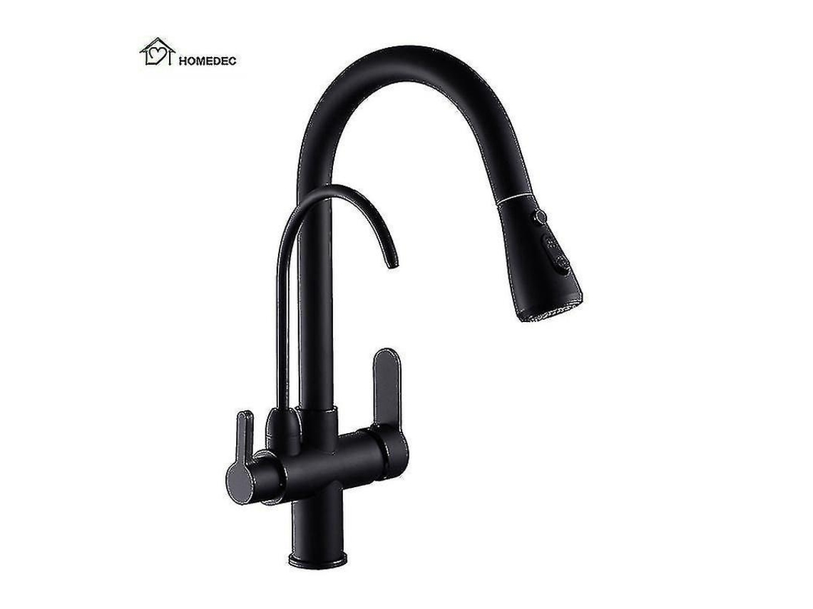 Grifo 3 En 1 (negro) - Purificador De Agua - Manijas Dobles - Rociador Extraíble - Cuerpo De Latón - Cromado