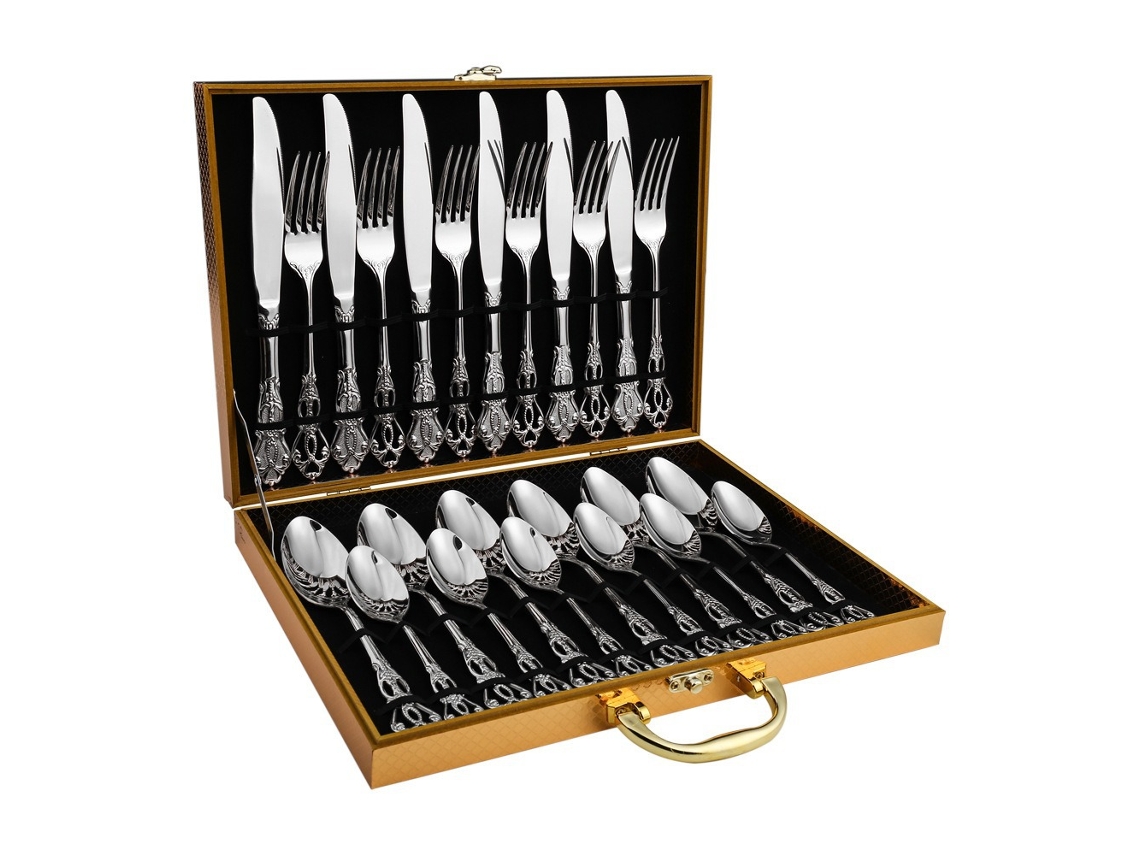 (juego De 24 Piezas - Plata) Caja De Madera Con Cubiertos De Acero Inoxidable, Cubiertos Y Cucharas Con Relieve De Estilo Retro Europeo