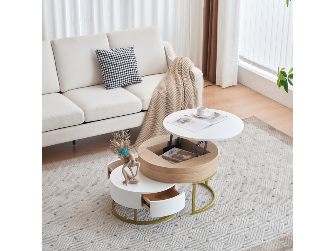 Conjunto de 2 mesas desplegables Gigognes con 2 cajones en MDF Mobrio natural y blanco
