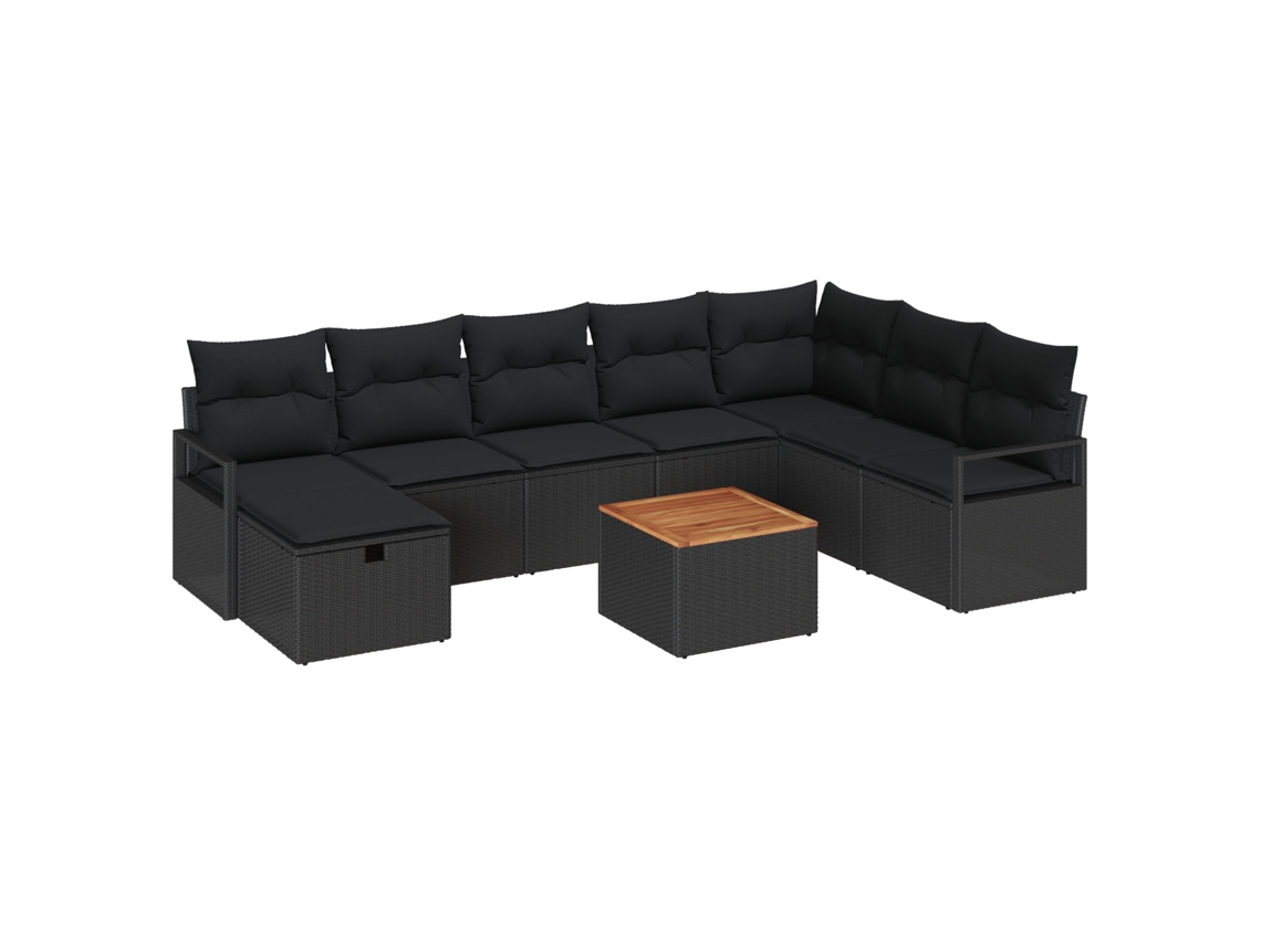 Conjunto 9 De Sofás De Jardín De Vidaxl Con Cojines En Ratán Poliéster Negro  Negro Ratán