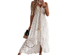 2026-vestido Midi De Encaje Con Volantes Para Mujer, Verano Elegante, Escote V, Sin Mangas, Fiesta Y Playa