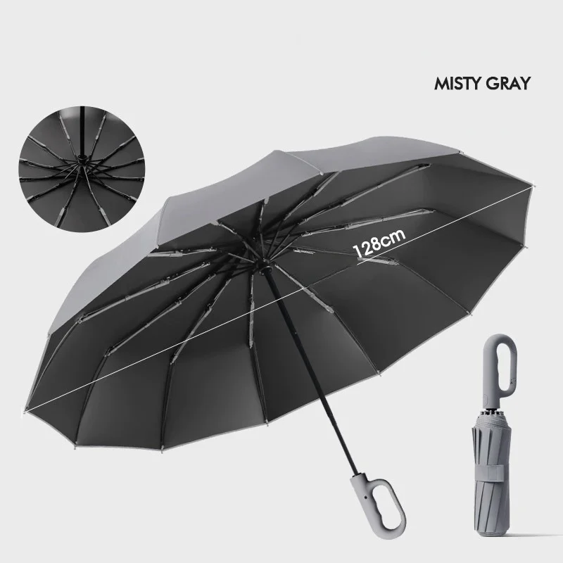 Paraguas Extragrande De 12 Varillas Con Hebilla, Totalmente Automático, Portátil, Resistente Al Viento Y Plegable De Doble Uso (gris 12k).