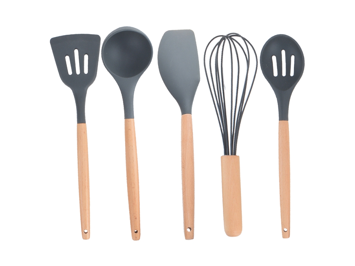 Juego JEIIBRZUI de 5 utensilios de cocina con mango de madera, incluyendo colador, cuchara para sopa, espátula, batidor y cuchara ranurada