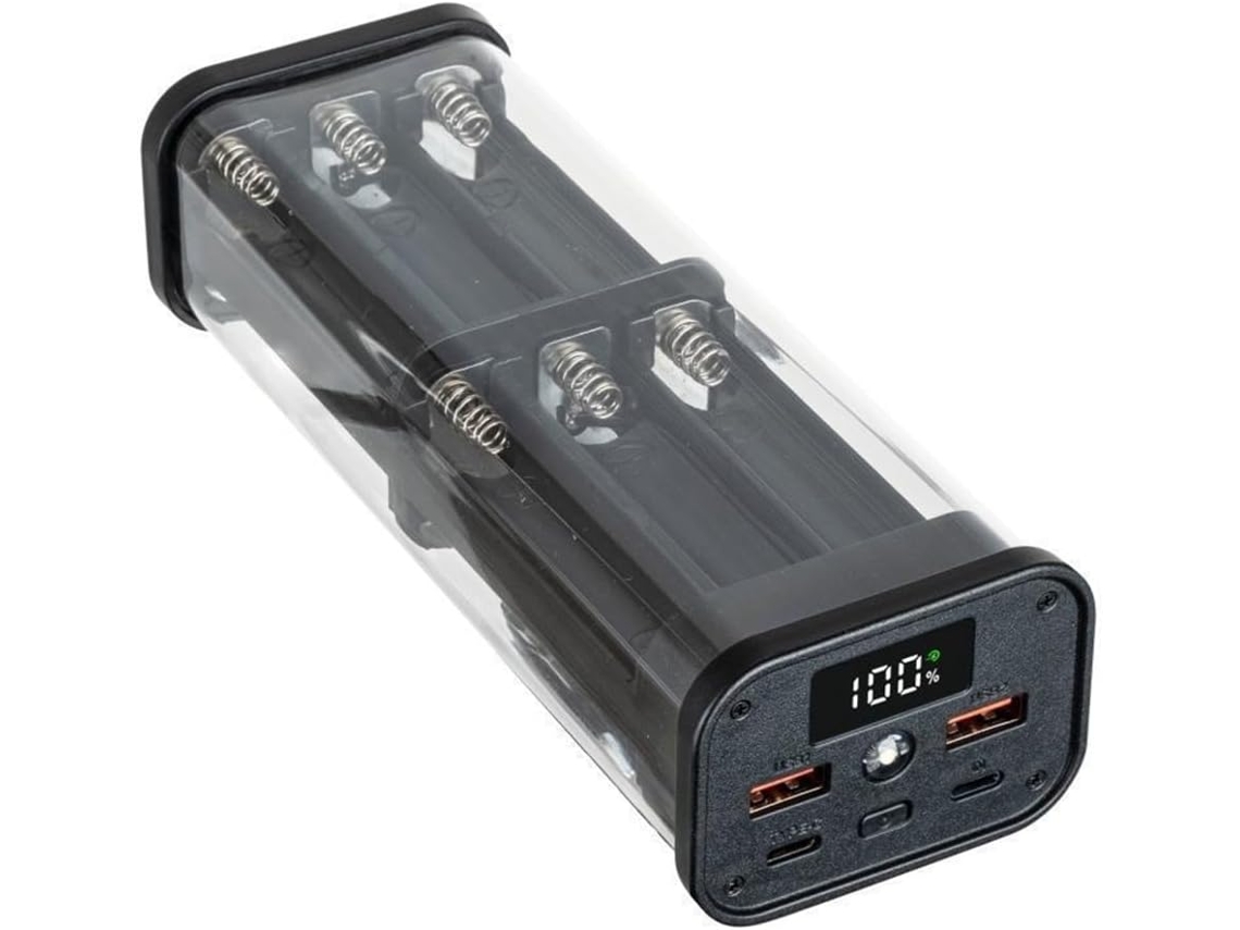Estuche Externo Para Baterías 18650, Carga De 22,5 W, Negro Transparente Con Led, Capacidad Para 12 Baterías.