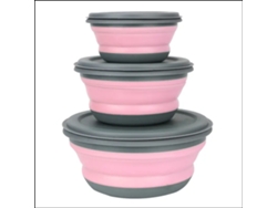 (Rosa) Juego de tres piezas de fiambrera plegable de silicona con tapa, vaso y cuenco plegable.