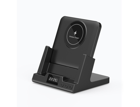 Carga inalámbrica de escritorio, métodos de carga dual, pantalla de reloj, recordatorio de despertador, negro CHRONUS