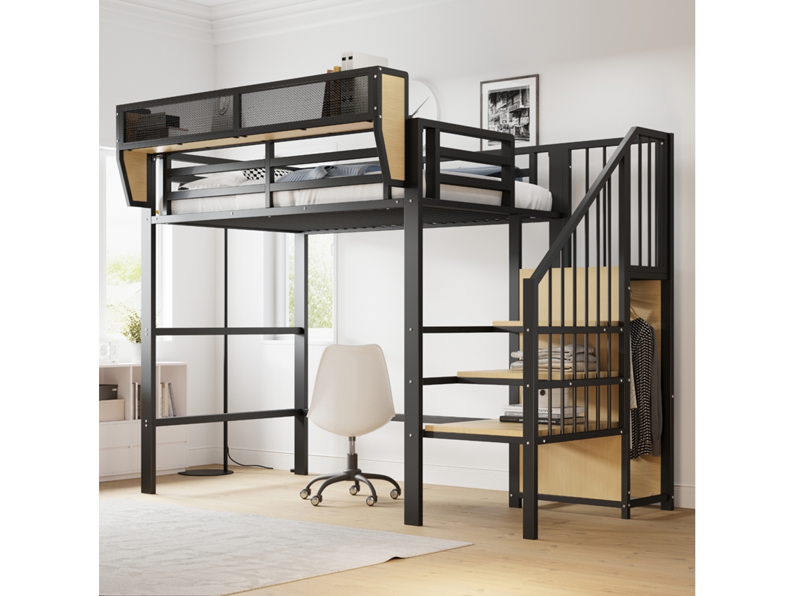 Cama alta de 90x200 con escalera de seguridad y compartimento de almacenamiento flexible, cama para adultos, litera para niños.