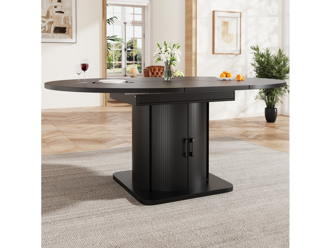 Conjunto De Mesa De Comedor 5 Piezas Para 4-6 Personas - Mesa Extensible Con Cajones, 4 Sillas De Lino Gris - Negro