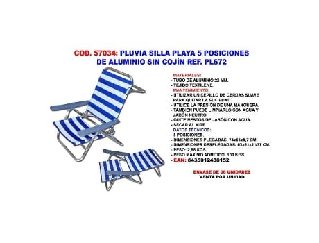 Pluvia silla playa 5 posiciones aluminio 22 mm s-cojin pl672