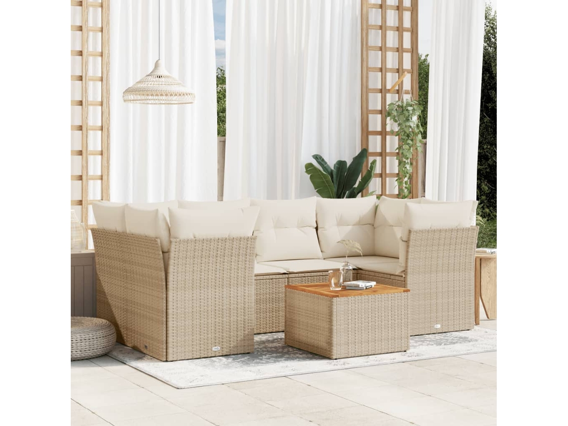 Conjunto de sofá de jardín de 7 piezas con cojines, mimbre sintético beige, Dkd Home Decor