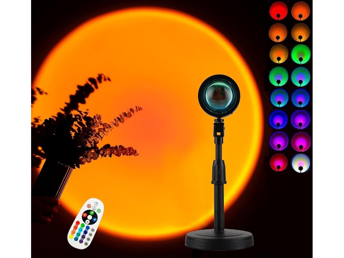 Lampara del Atardecer Sunset puesta de sol con USB, Luz LED Ajustable 16 Colores Mando a distancia (Lampara con base) COSHANO