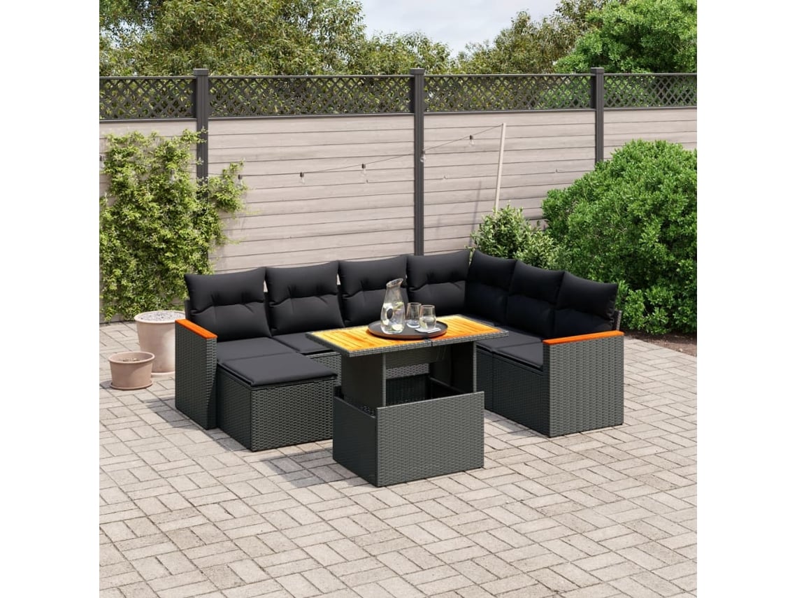 Conjunto de 8 sofás de jardín con cojines de mimbre sintético negro, Dkd Home Decor