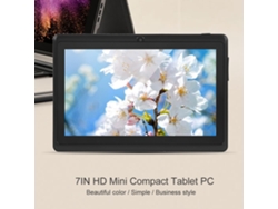 Tableta Android compacta mini HD de 7 pulgadas, 8 GB de ROM, Wi-Fi, Bluetooth, cámara dual, color negro y dorado.
