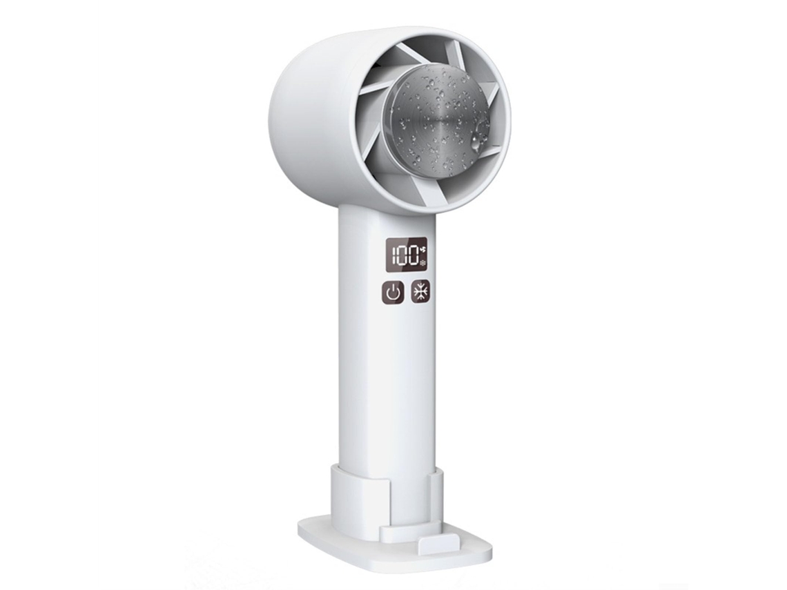 Ventilador portátil MDUG recargable por USB con pantalla digital y soporte de sobremesa.