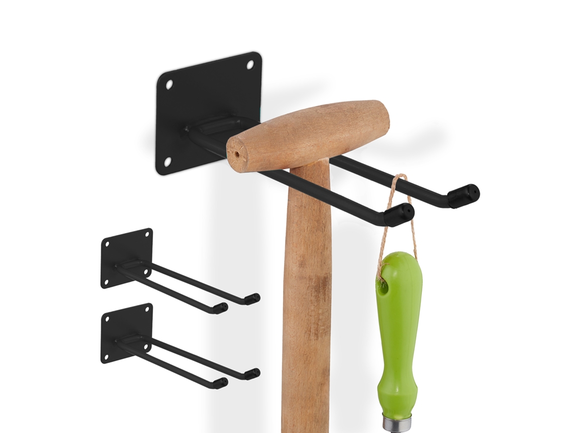 Conjunto De 3 Suportes Relaxdays, Ganchos Duplos, Suporte De Vassouras Parede, Jardim, 7,5 X 9 X 24 Cm, Aço, Preto