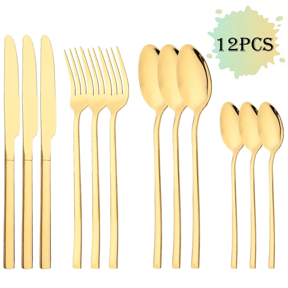MDUG (Juego de cubiertos de acero inoxidable dorado de 12 piezas que incluye cuchillo, tenedor y cuchara de café)
