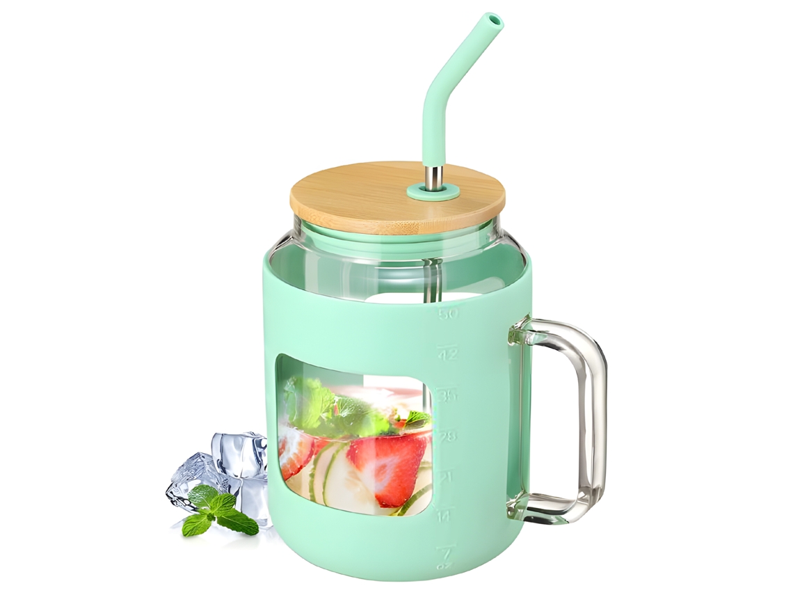 Vaso De Vidrio De 1.5 Litros Con Tapa De Bambú, Pajita Y Asa A Prueba De Fugas, Libre De Bpa, Para Café Helado.