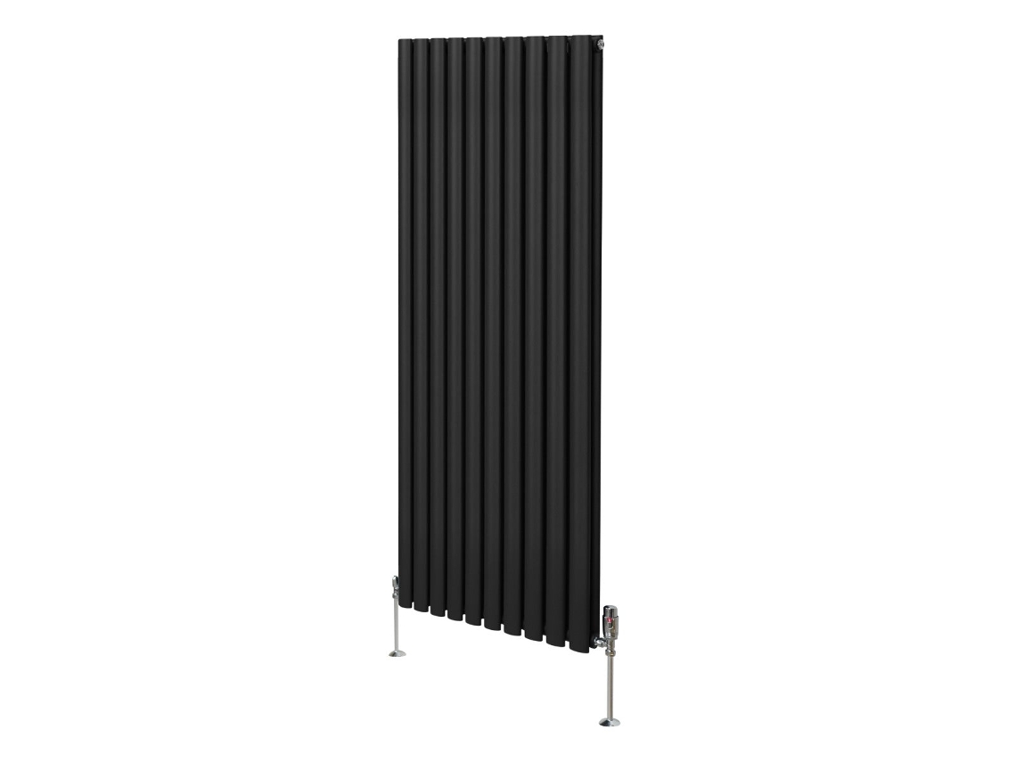 Radiador vertical con columnas ovaladas, negro, 1600x600 mm, fabricado en acero al carbono con válvulas termostáticas cromadas, 6991 Power