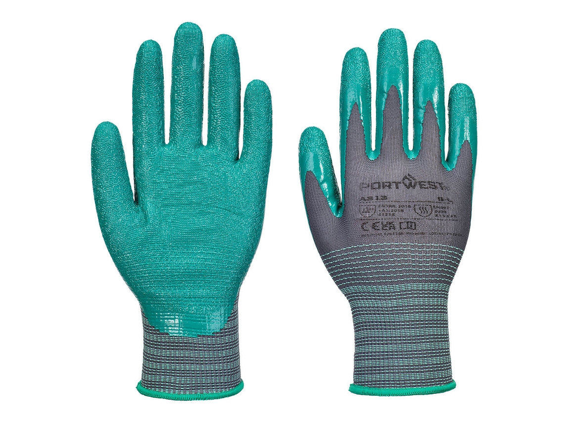 Guante de nitrilo Portwest Grip 15, resistente y con agarre, verde grisáceo, L (paquete de 12)