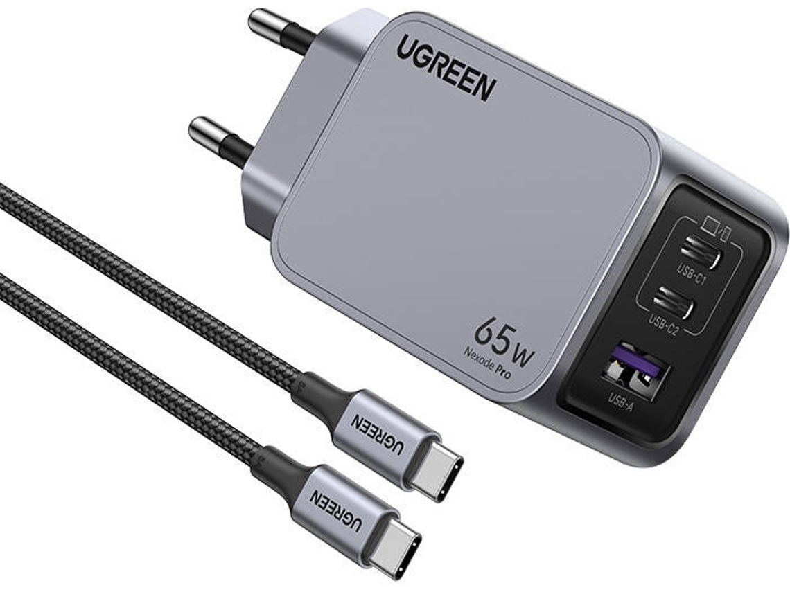 Cargador de pared UGREEN 25871 (65 W - 1 Puerto USB-A - 2 Puertos USB-C - Gris)