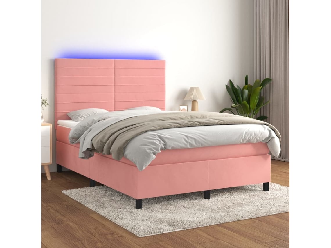 Cama Box Spring Colchón Y Led Terciopelo Rosa 140x190 Cm