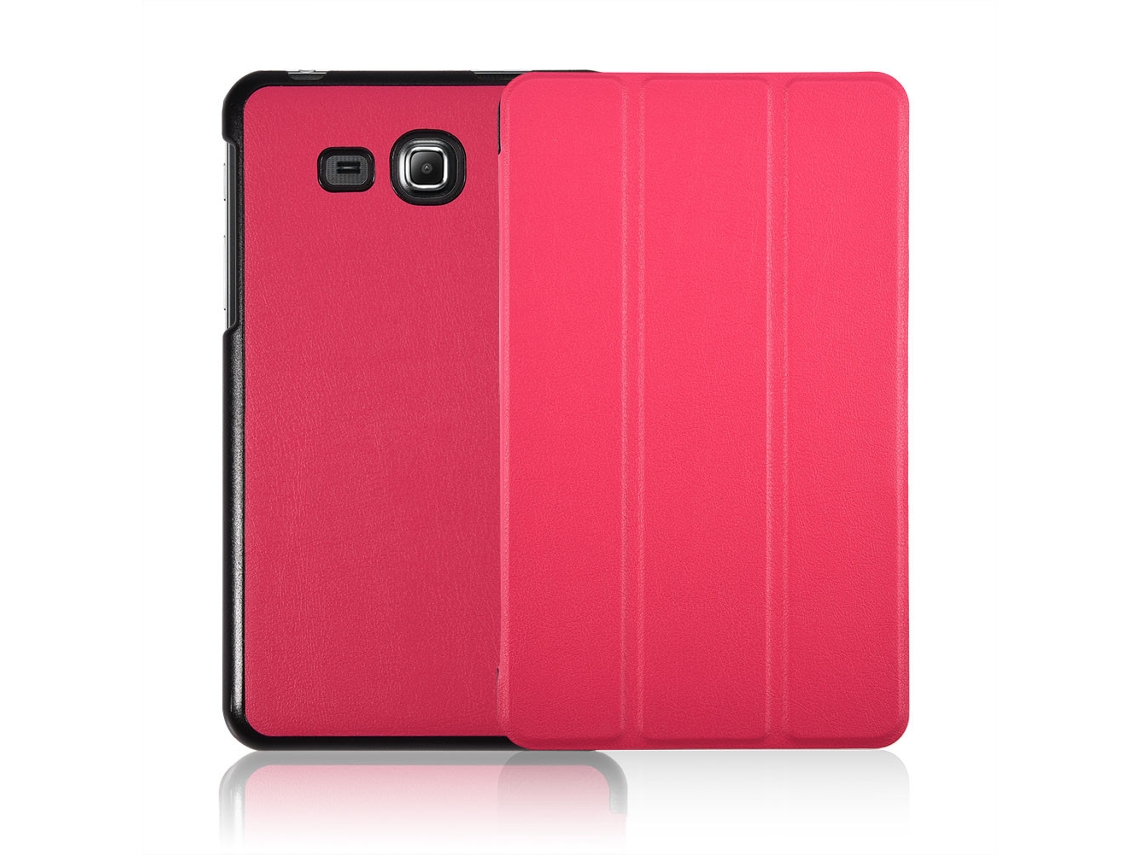 Funda protectora de piel sintética para tableta Samsung T280 T285 en rosa, rojo y dorado claro.