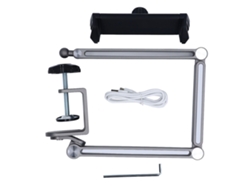 Soporte De Teléfono Y Tableta De Metal Con Pinza Brazo Largo 360° Rotación Plegable Para Cama Y Mesa Con Luz Ajustable Gris