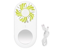 Ventilador eléctrico portátil recargable por USB y espejo verde.