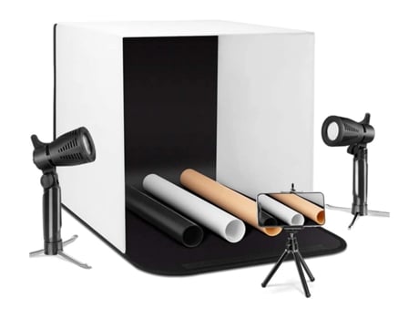 Box Studio Portátil 40 x 40 con 3 Fondos + 2 Focos de Iluminación