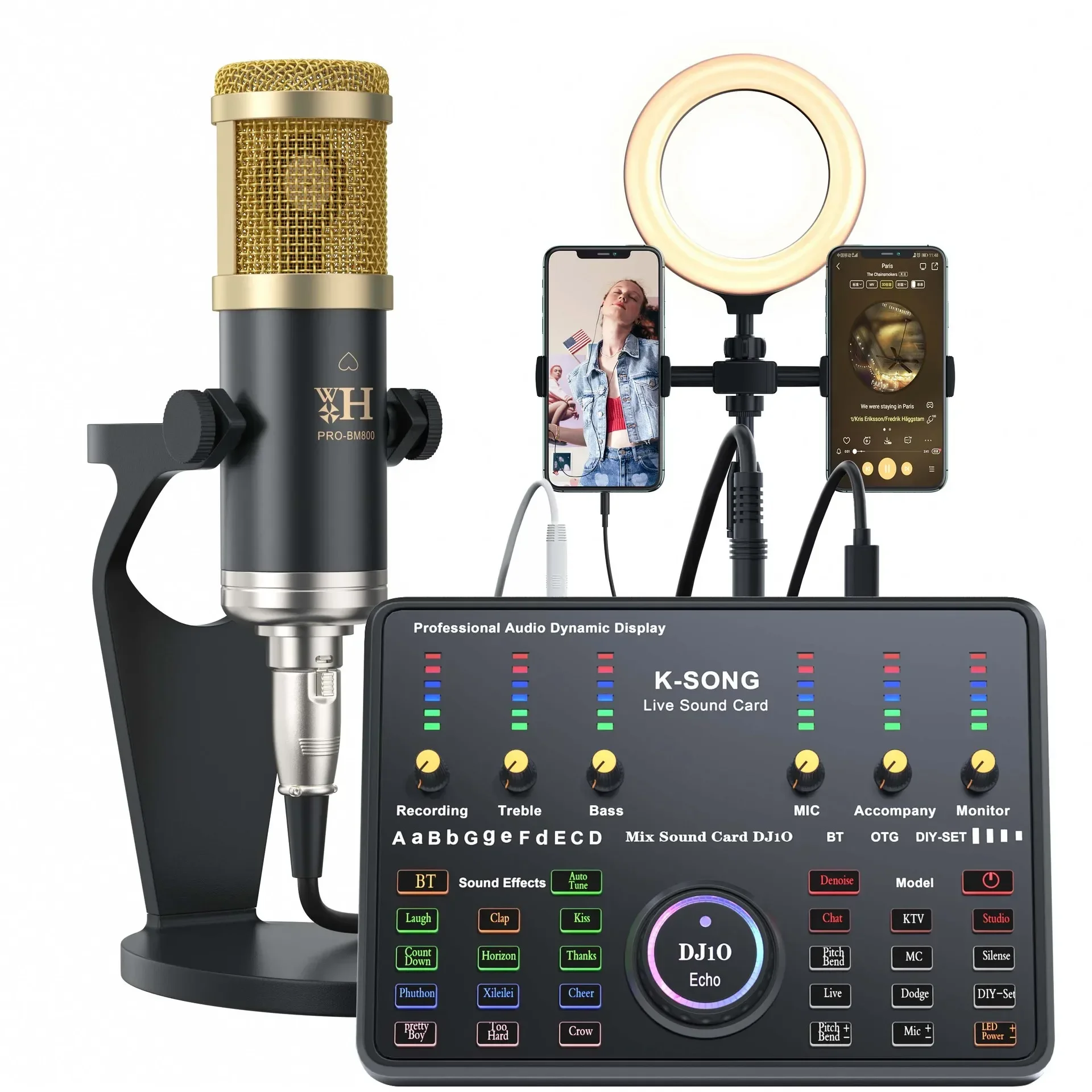 Kit De Tarjeta De Sonido (cuadrado Negro Y Dorado) Micrófono De Condensador De Estudio