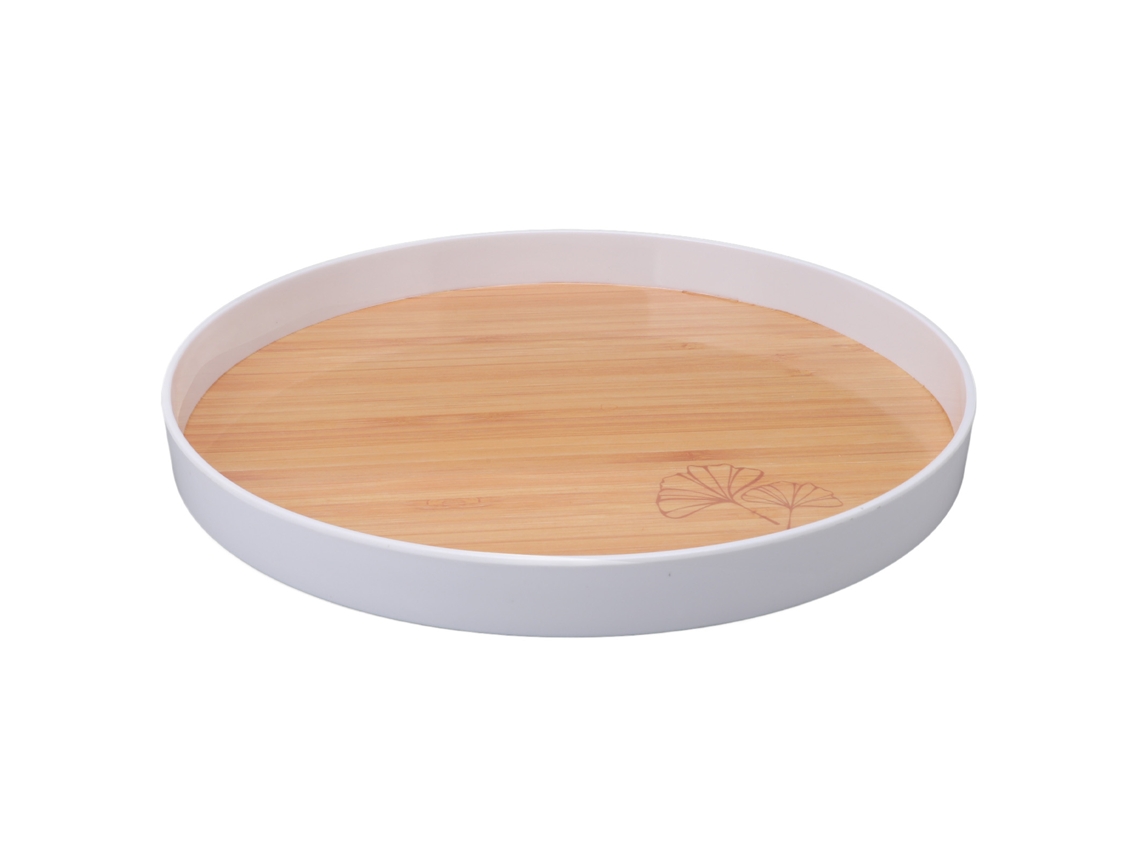 Bandeja Redonda De Plástico De 34 Cm. Bandeja Versátil Y Portátil Para Servir En Picnics, Con Diseño De Vetas Naturales.