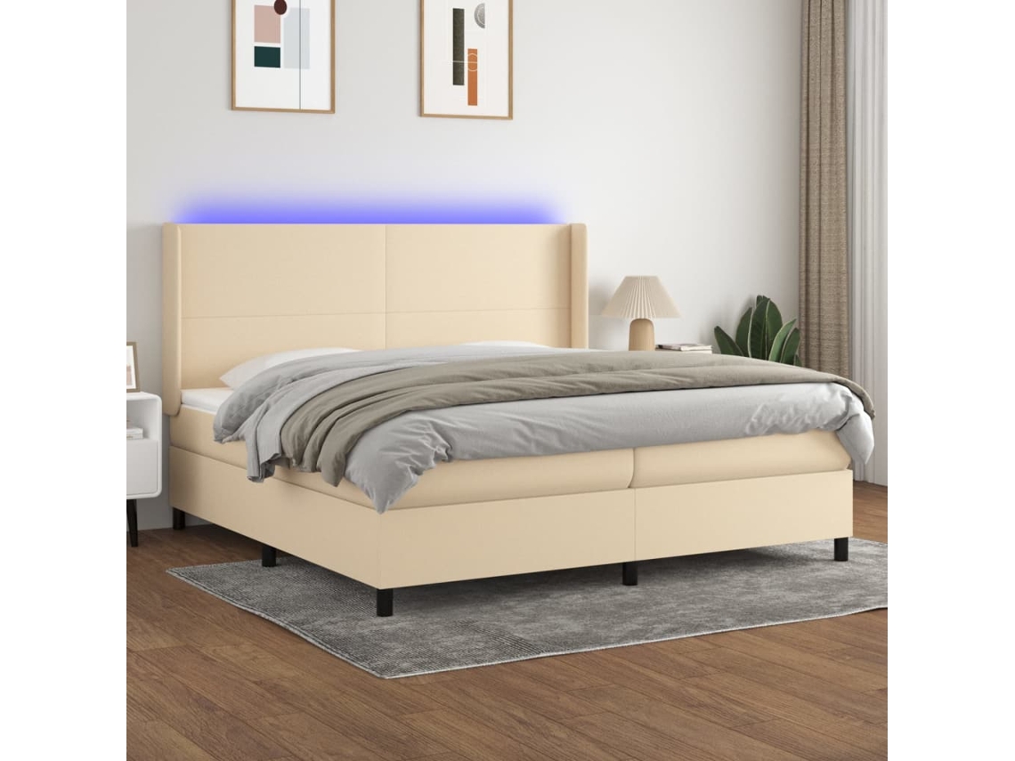 Cama Box Spring Colchón Y Luces Led Tela Crema 200x200 Cm