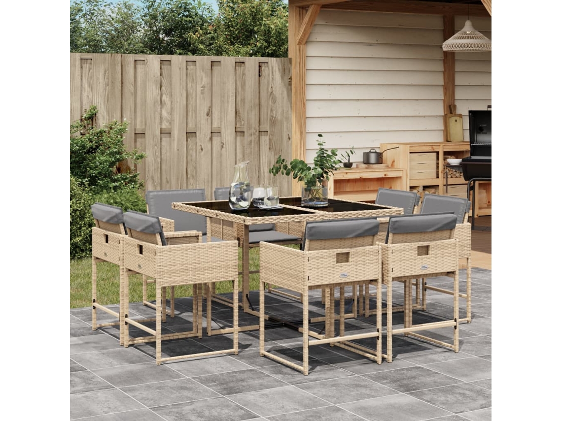 Juego de comedor de jardín de 9 piezas con cojines, mimbre beige mixto, DKD Home Decor