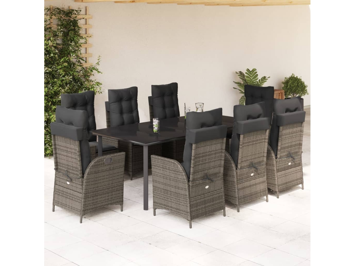 Conjunto de comedor de jardín DKD Home Decor de 9 piezas con cojines, ratán gris